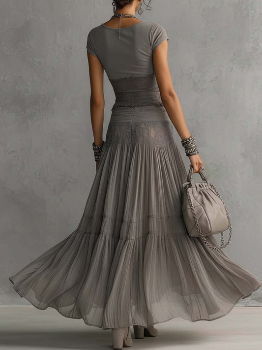 Moonstone Mist – Gray Lace Top & Pleated Maxi Skirt Set