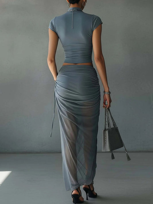 Blue Hour – Cropped Tee & Draped Mesh Maxi Skirt Set