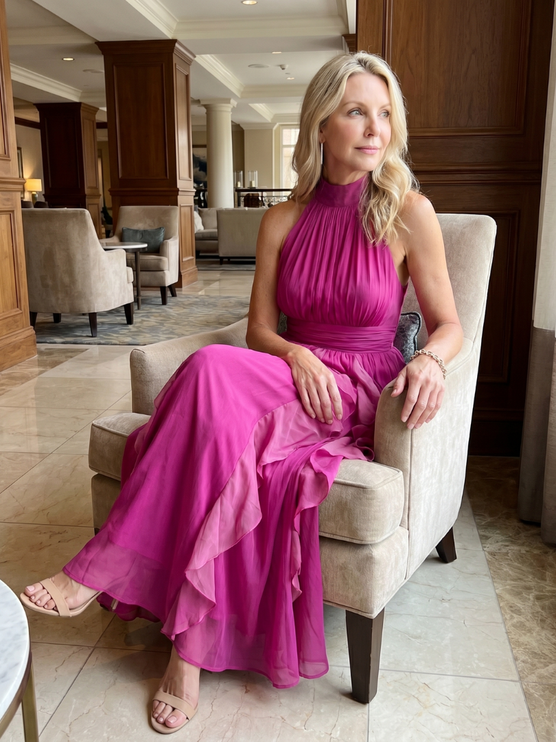Orea – High Neck Gathered Ruffle Layers Maxi Dress