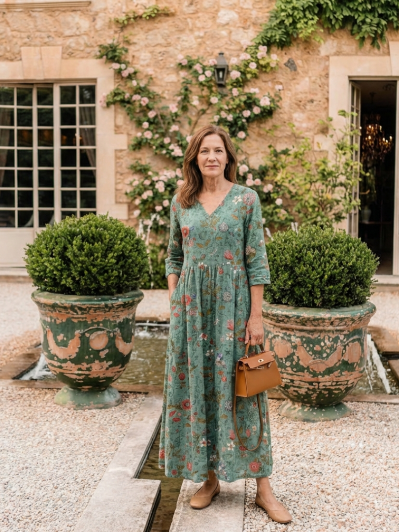 Marina – Floral V Neck Three Quarter Sleeve Maxi Dress