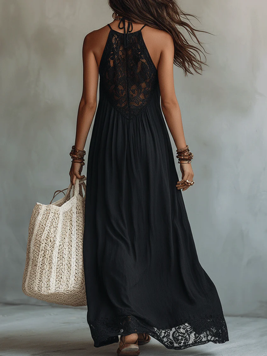 Noir Willow – Black Lace Bohemian Maxi Dress