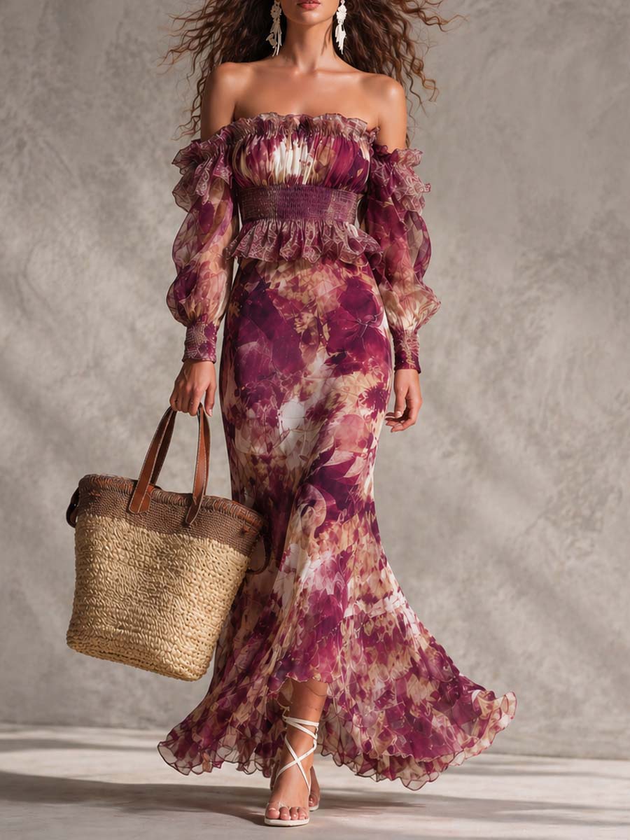 Rosy Skies – Off-Shoulder Chiffon Maxi Dress