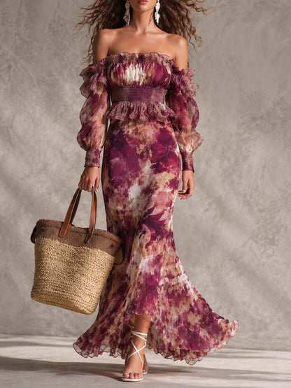 Rosy Skies – Off-Shoulder Chiffon Maxi Dress