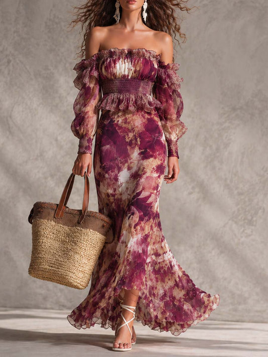 Rosy Skies – Off-Shoulder Chiffon Maxi Dress