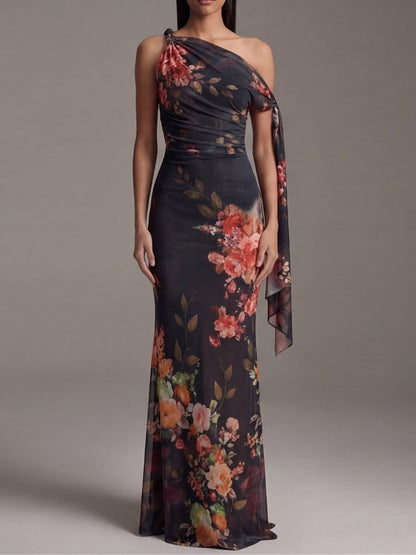 Onyx Cascade – One-Shoulder Pleated Chiffon Maxi Dress