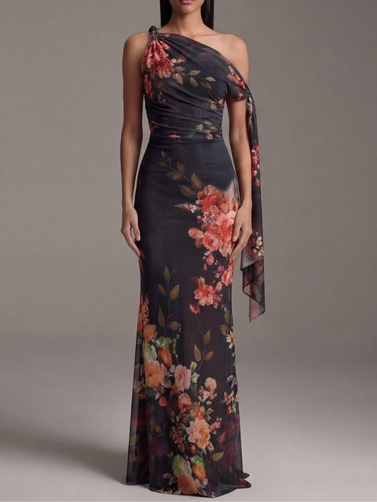 Onyx Cascade – One-Shoulder Pleated Chiffon Maxi Dress