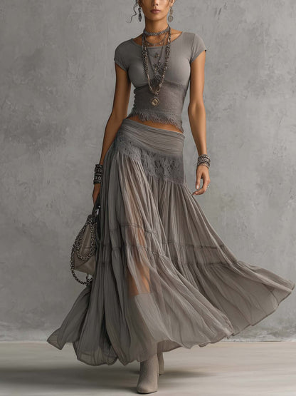 Moonstone Mist – Gray Lace Top & Pleated Maxi Skirt Set