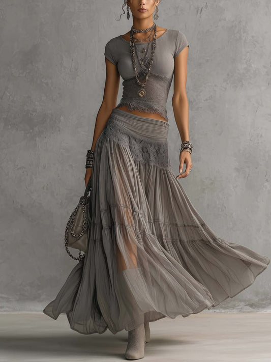 Moonstone Mist – Gray Lace Top & Pleated Maxi Skirt Set