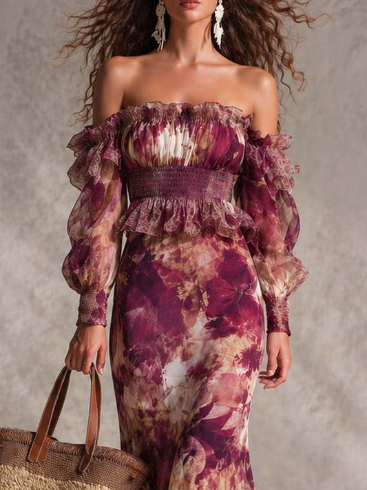 Rosy Skies – Off-Shoulder Chiffon Maxi Dress