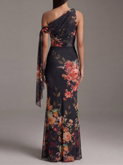Onyx Cascade – One-Shoulder Pleated Chiffon Maxi Dress