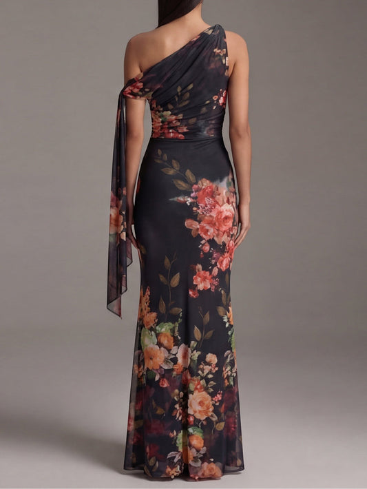 Onyx Cascade – One-Shoulder Pleated Chiffon Maxi Dress
