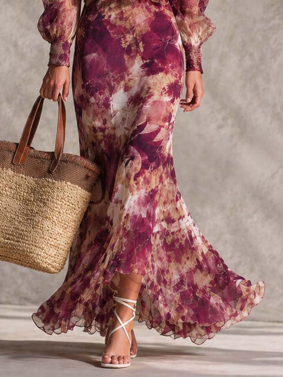 Rosy Skies – Off-Shoulder Chiffon Maxi Dress