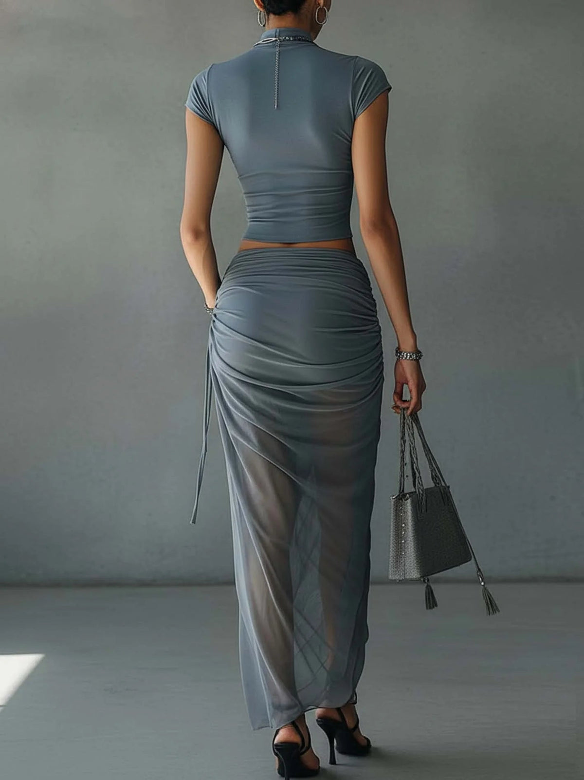 Blue Hour – Cropped Tee & Draped Mesh Maxi Skirt Set