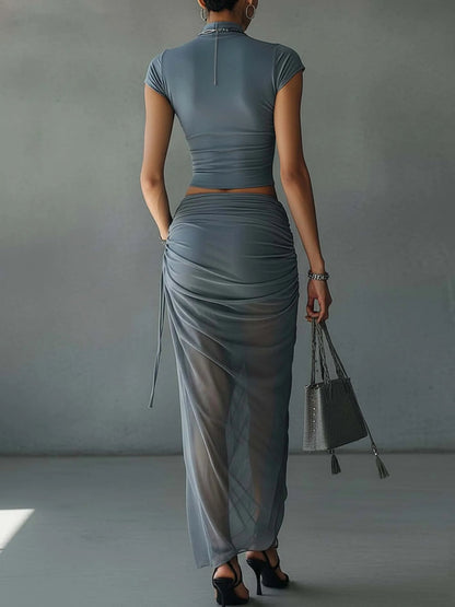 Blue Hour – Cropped Tee & Draped Mesh Maxi Skirt Set