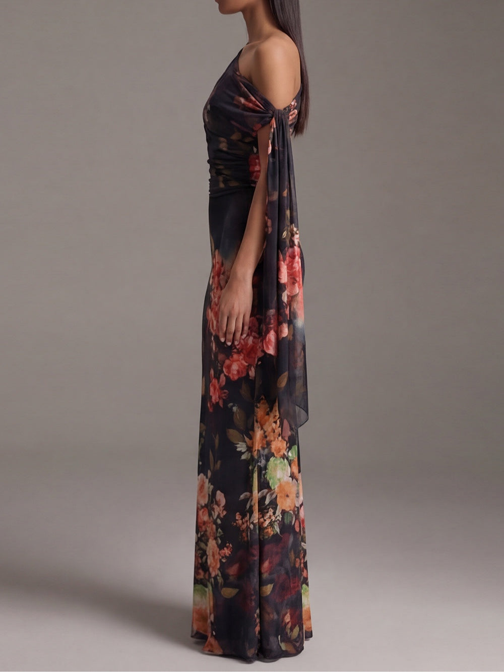 Onyx Cascade – One-Shoulder Pleated Chiffon Maxi Dress