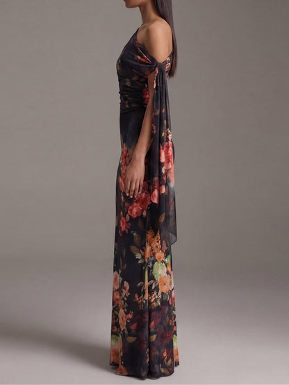 Onyx Cascade – One-Shoulder Pleated Chiffon Maxi Dress