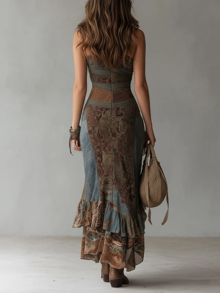Saffron Nomad – One-Shoulder Ethnic-Print Maxi Dress