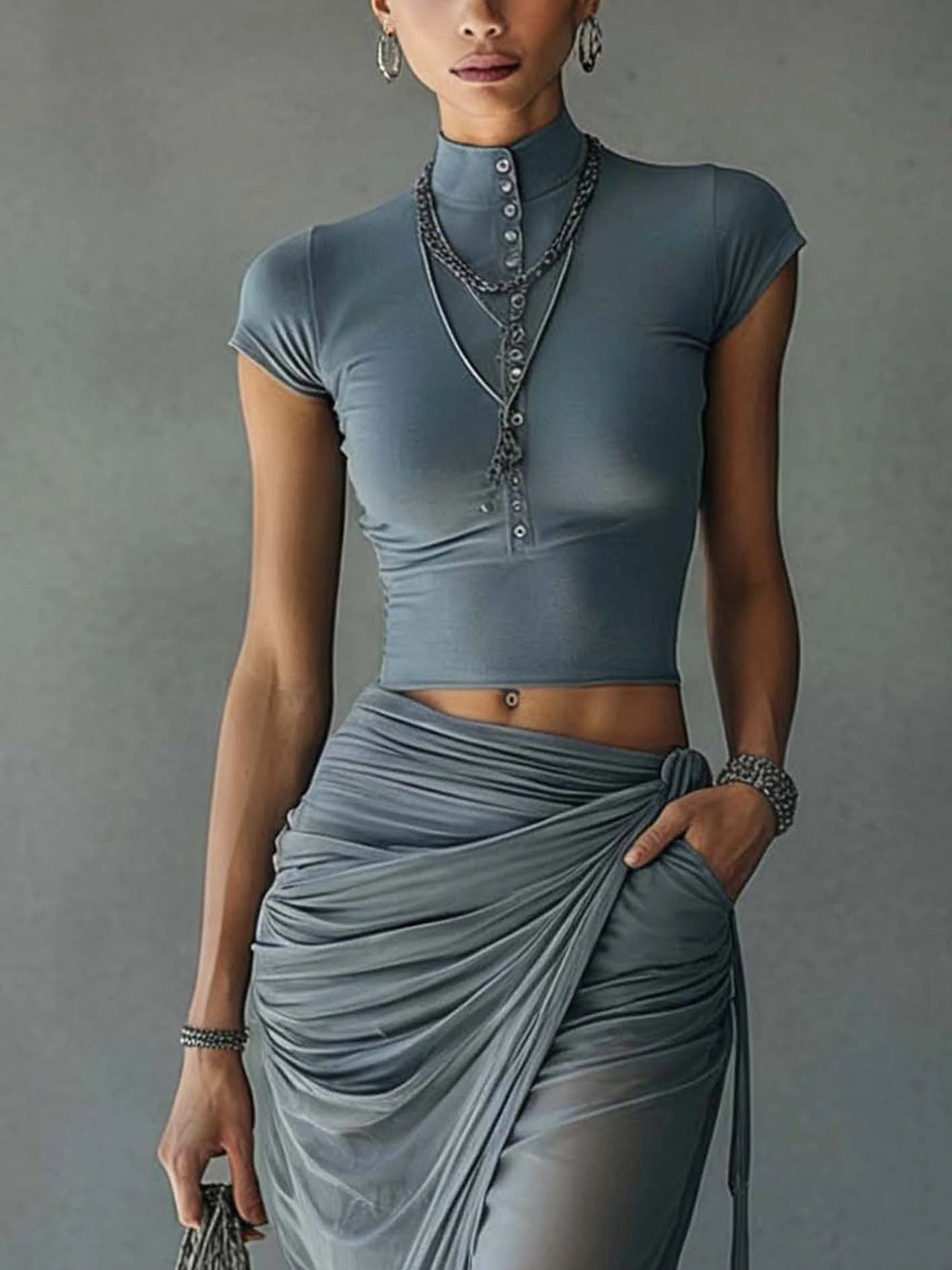 Blue Hour – Cropped Tee & Draped Mesh Maxi Skirt Set