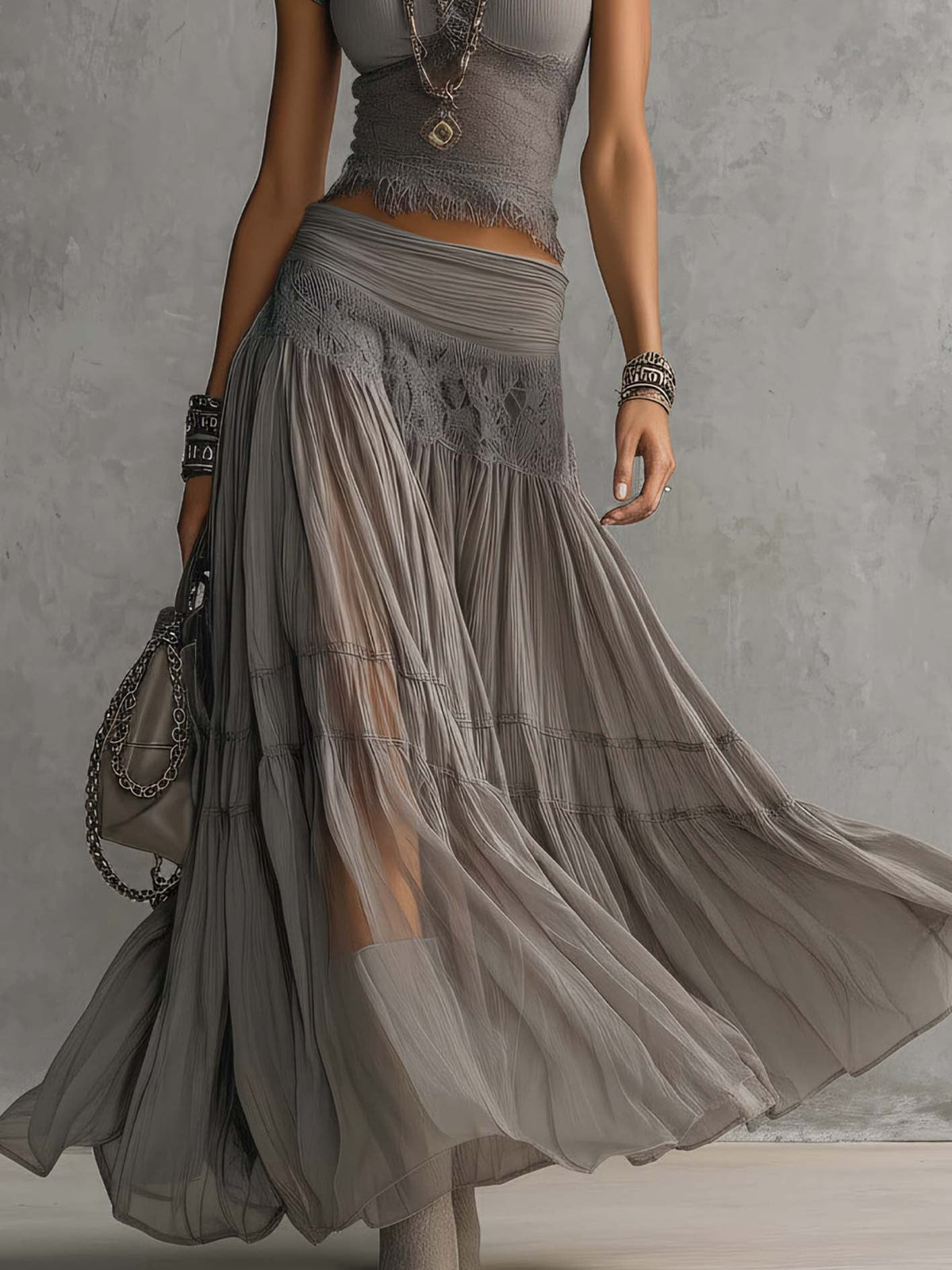 Moonstone Mist – Gray Lace Top & Pleated Maxi Skirt Set