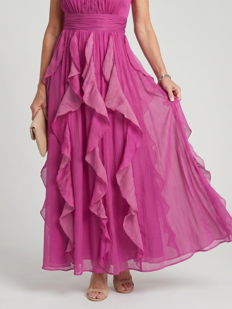 Orea – High Neck Gathered Ruffle Layers Maxi Dress
