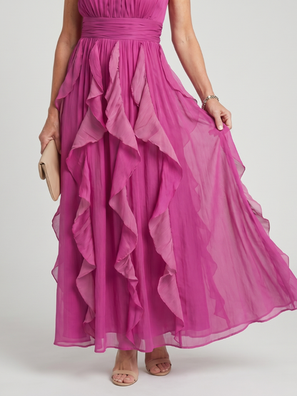 Orea – High Neck Gathered Ruffle Layers Maxi Dress