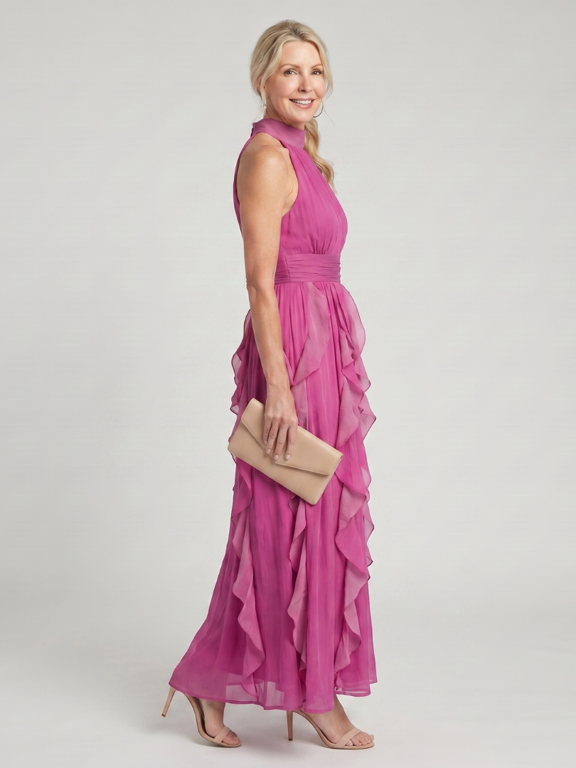 Orea – High Neck Gathered Ruffle Layers Maxi Dress