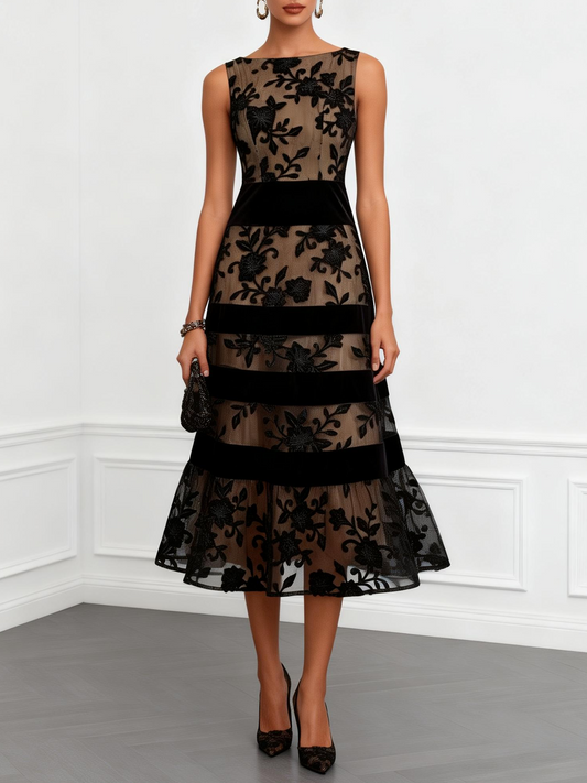 Night Garden – Floral Mesh A-Line Midi Dress
