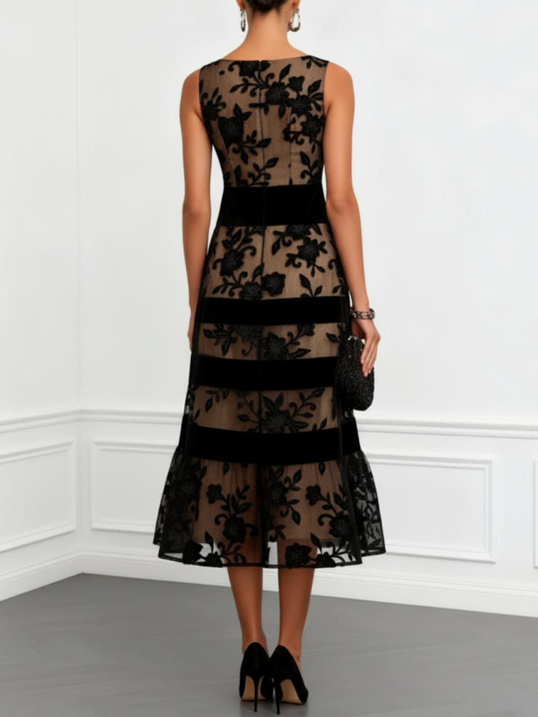 Night Garden – Floral Mesh A-Line Midi Dress