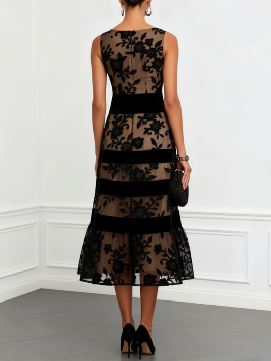 Night Garden – Floral Mesh A-Line Midi Dress
