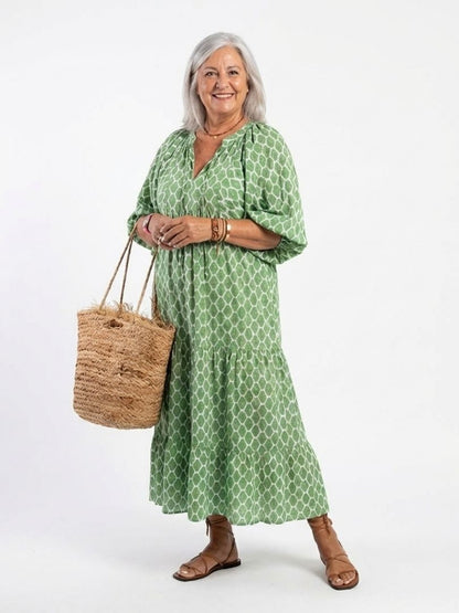 Apolline – Three Quarter Sleeve V Neck Patterned Midi Dress