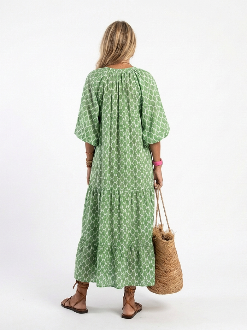 Apolline – Three Quarter Sleeve V Neck Patterned Midi Dress