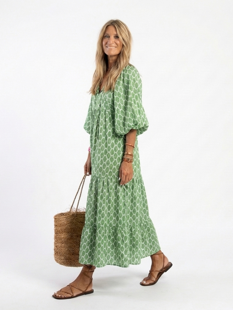 Apolline – Three Quarter Sleeve V Neck Patterned Midi Dress