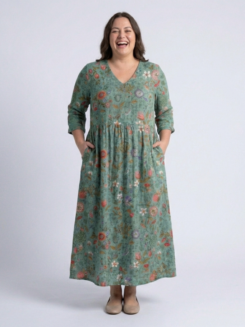 Marina – Floral V Neck Three Quarter Sleeve Maxi Dress