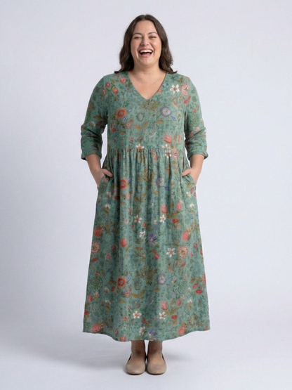 Marina – Floral V Neck Three Quarter Sleeve Maxi Dress