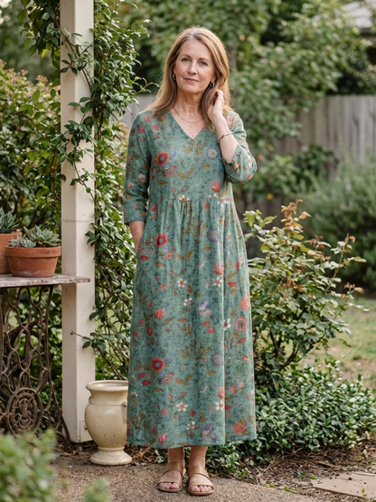 Marina – Floral V Neck Three Quarter Sleeve Maxi Dress