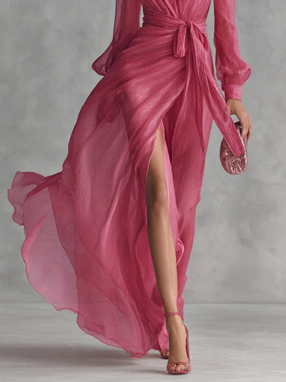 Beatrice – Elegant Chiffon V-neck Tie-waist Long Dress