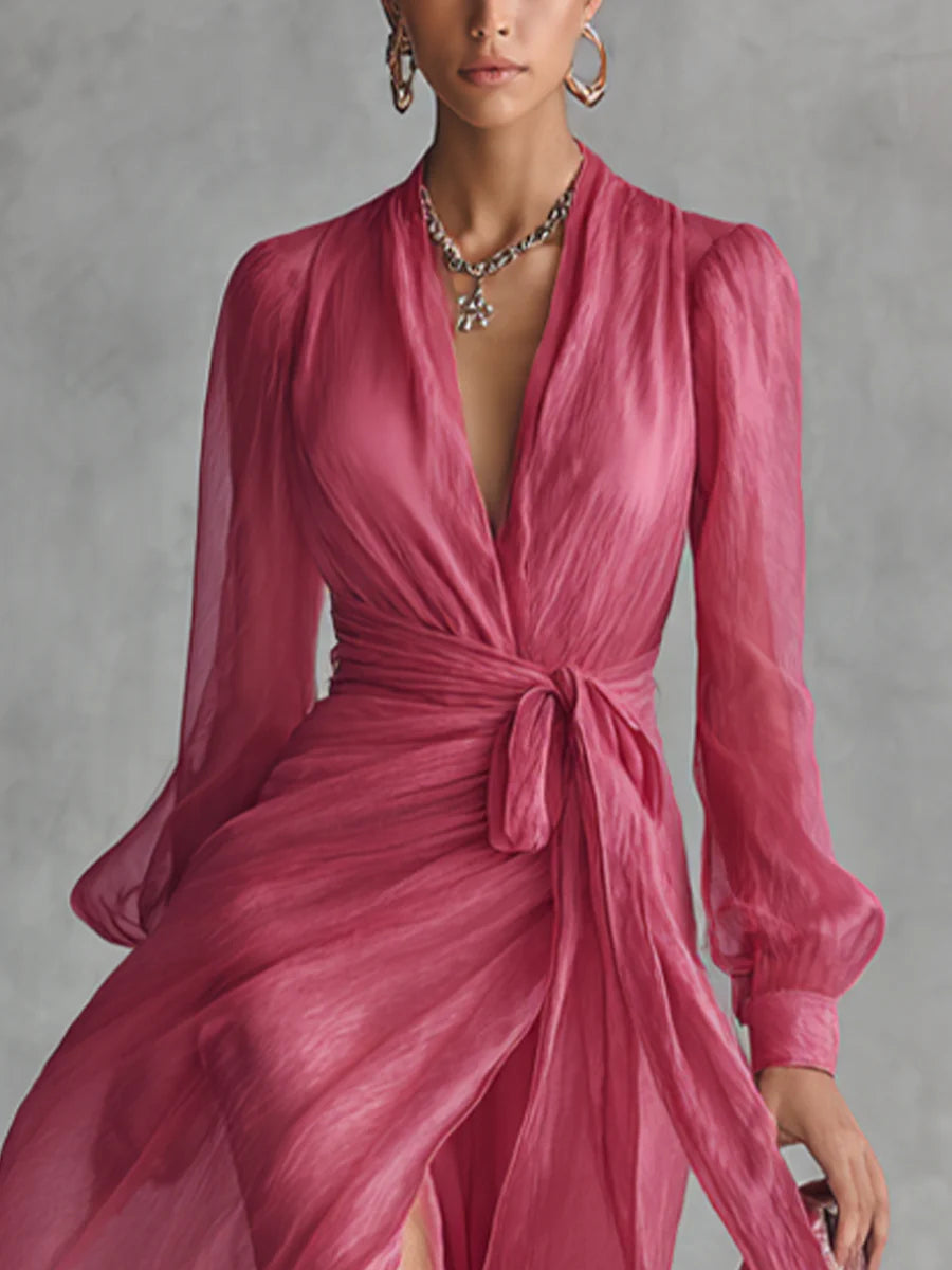 Beatrice – Elegant Chiffon V-neck Tie-waist Long Dress