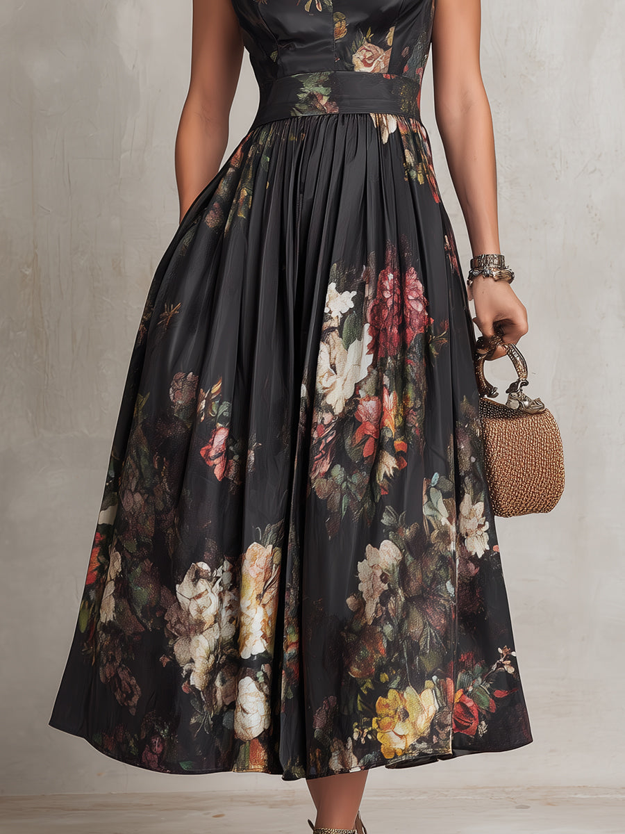 Black Iris – Pleated Satin Keyhole Midi Dress