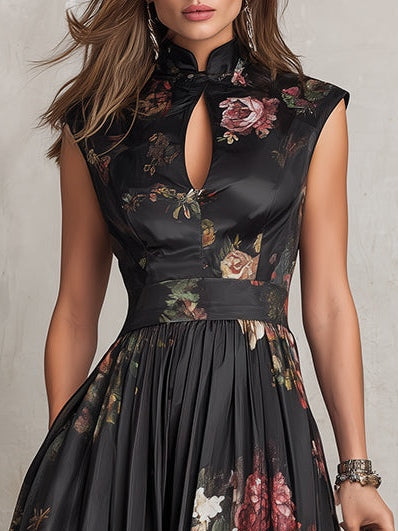 Black Iris – Pleated Satin Keyhole Midi Dress