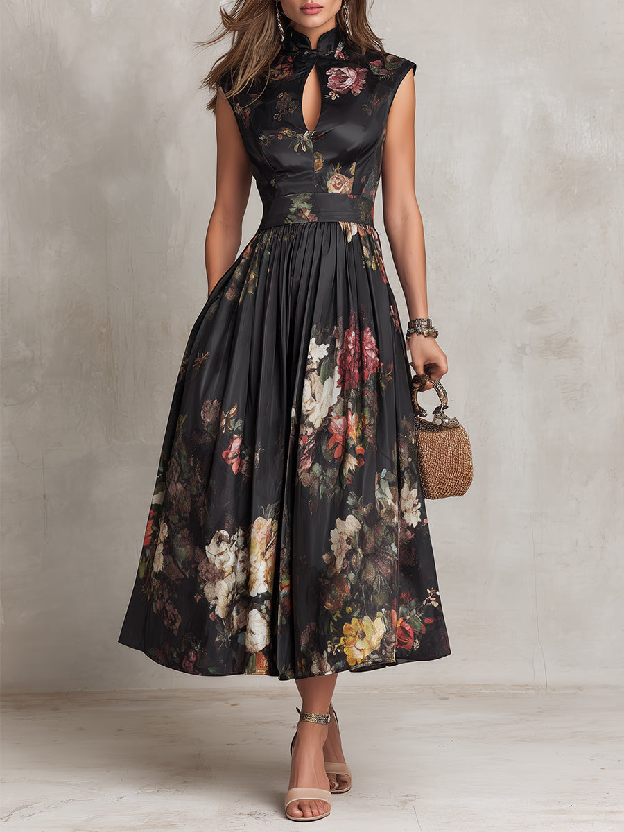 Black Iris – Pleated Satin Keyhole Midi Dress