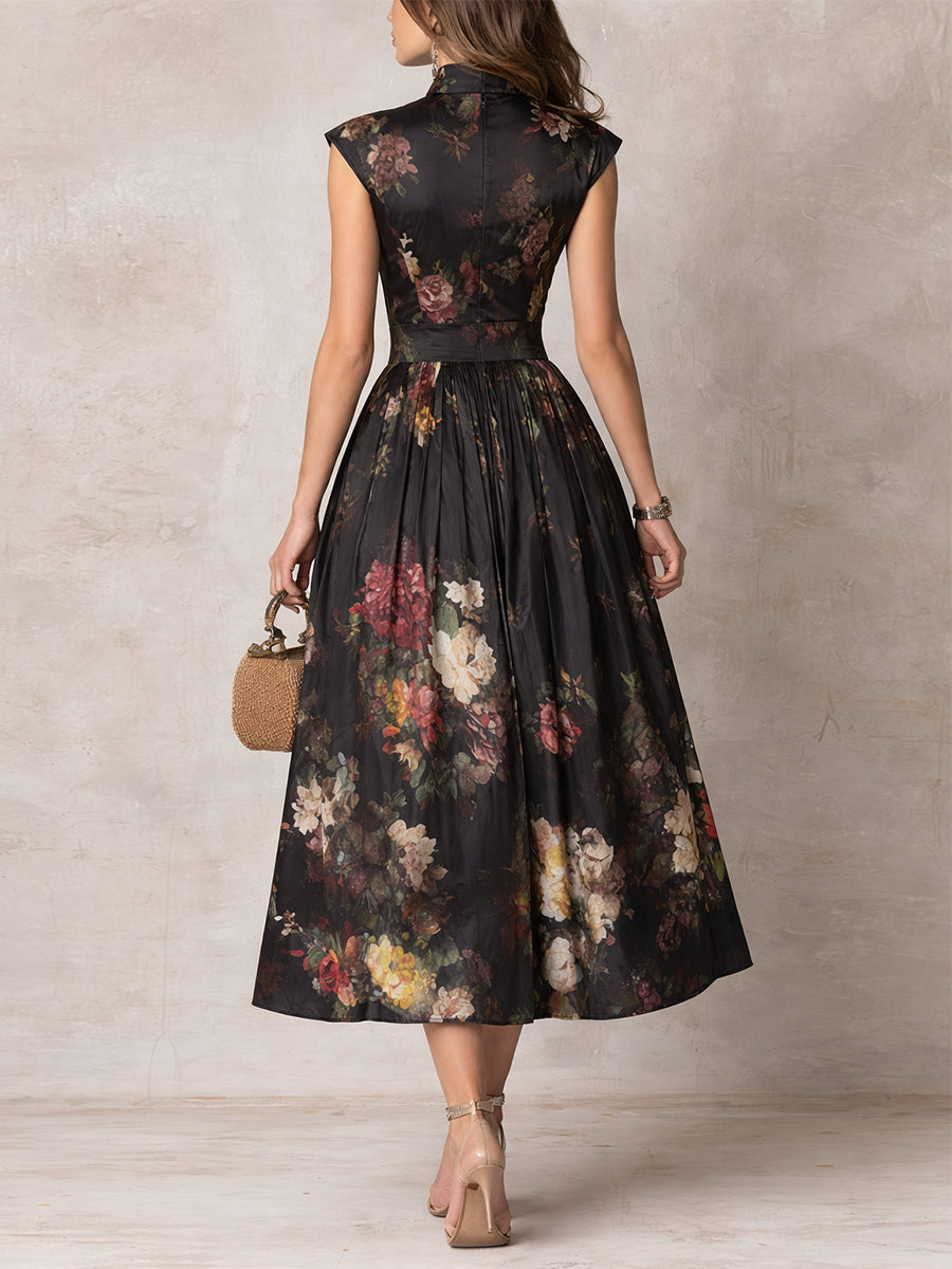 Black Iris – Pleated Satin Keyhole Midi Dress
