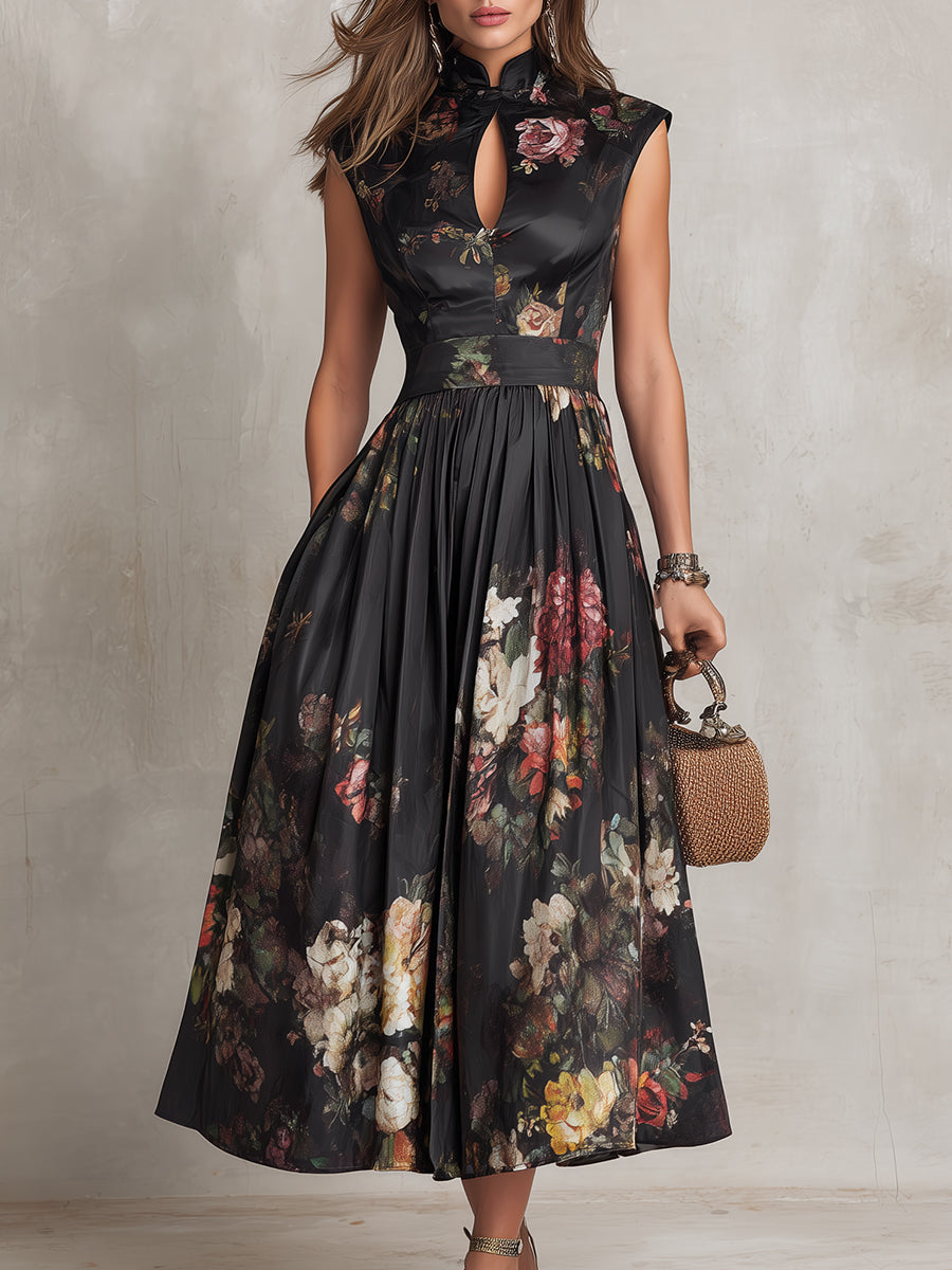Black Iris – Pleated Satin Keyhole Midi Dress