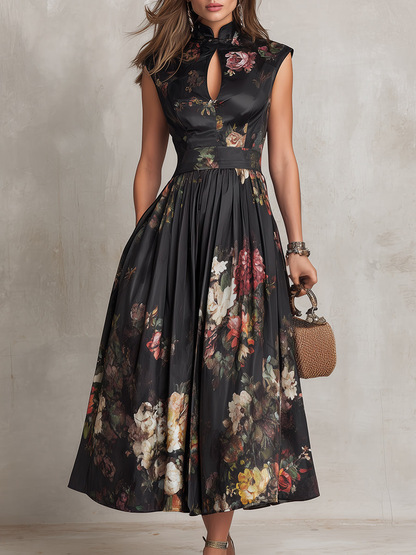 Black Iris – Pleated Satin Keyhole Midi Dress