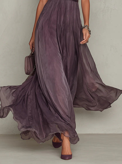 Violet Passage – Split-Neck Chiffon Maxi Dress