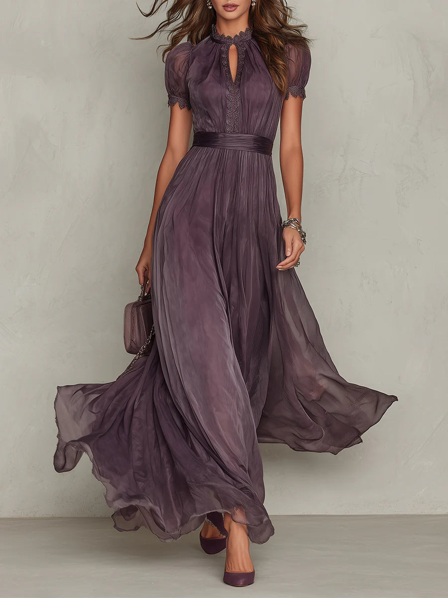 Violet Passage – Split-Neck Chiffon Maxi Dress