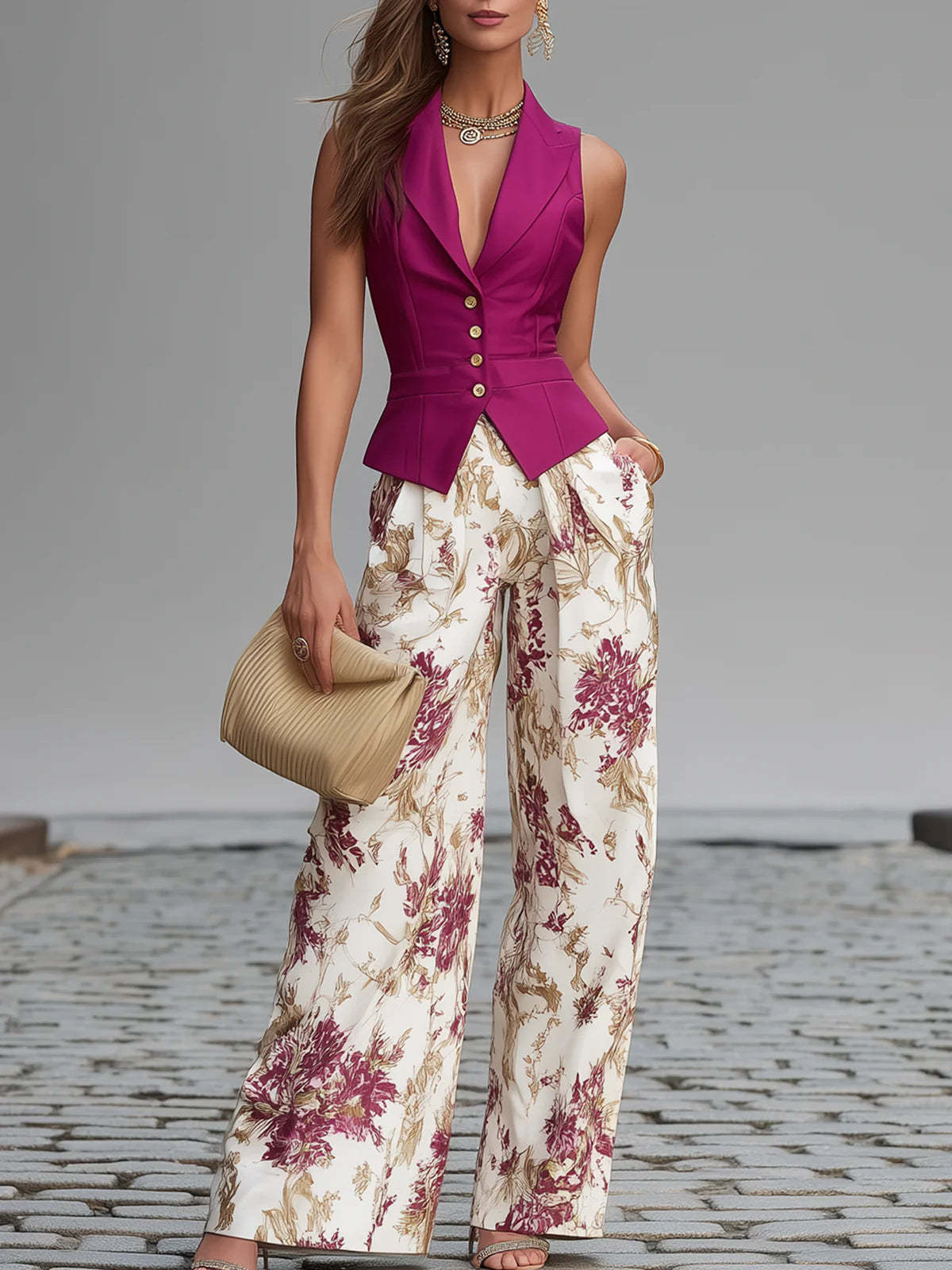 Petal Parade – Pink Vest & Floral Wide-Leg Pant Set