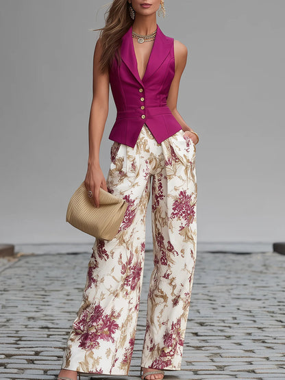 Petal Parade – Pink Vest & Floral Wide-Leg Pant Set