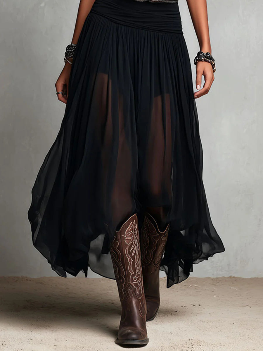 Starlit Tulle – Black Top & Belted Tulle Maxi Skirt Set
