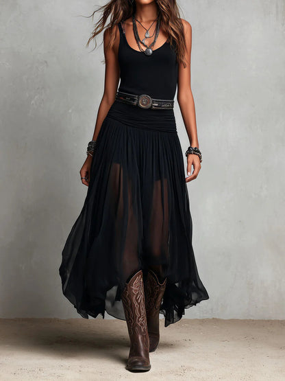 Starlit Tulle – Black Top & Belted Tulle Maxi Skirt Set