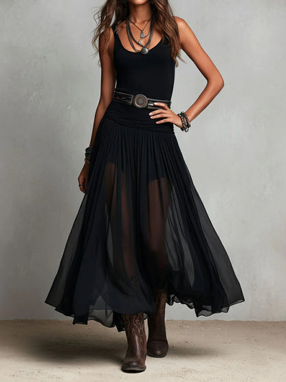 Starlit Tulle – Black Top & Belted Tulle Maxi Skirt Set
